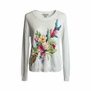 Tommy Bahama‎ Floral Sweater XS Lightweight Cotton Flower Crew Coastal White
